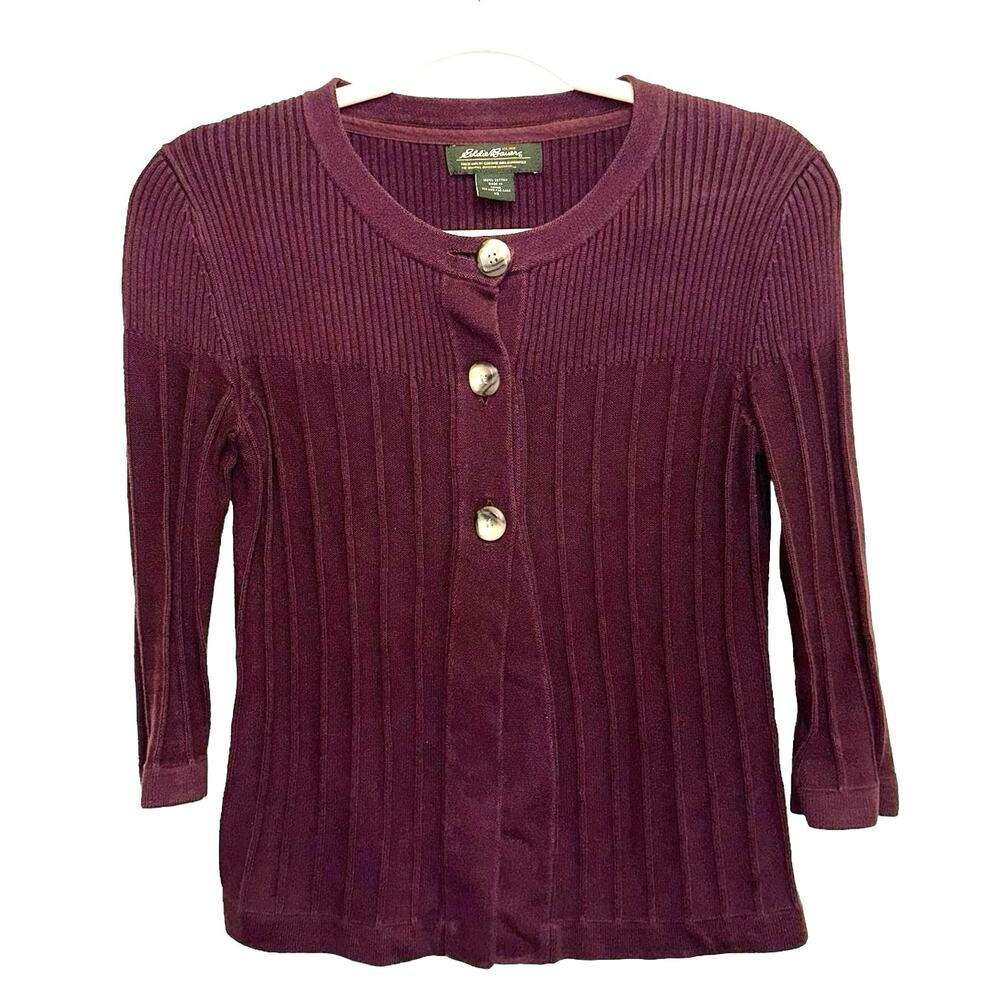 Eddie Bauer Burgundy Ribbed Cardigan XS Cotton Button Front Sweater Y2K